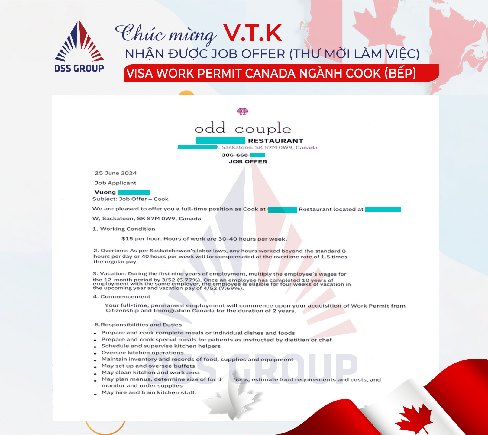 Job Offer ngành bếp Canada